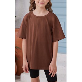 ZDC Girls Short Sleeve T Shirts Kids Summer Oversized Tops Trendy Crewneck Basic Tees 5-14Y Brown