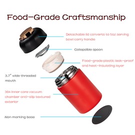 Boenkush Stainless Steel Food Jar – Food-Grade Vacuum Insulated Container, Leak-Proof, Wide Mouth Design, Ideal for Hot Food & Soup, Dishwasher Safe – Red