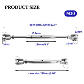 suiwotin 1/2" (M12) Turnbuckle Stainless Steel Jaw and Jaw Turnbuckle Rigging Screw, Closed Body Turnbuckle Jaw for Marine Grade Pack of 1