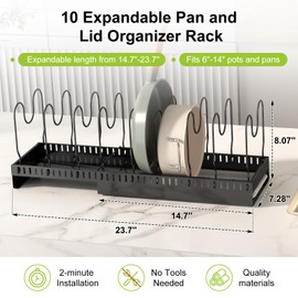 Fovkdcvw Pots and Pans Organizer Under Cabinet with Drain Board, Expandable Pot Lid Organizer inside Cabinet Holder with 10 Adjustable Compartment, Rack for Cutting Board, Sheet Pan, Cookware, Black