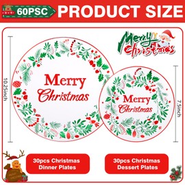 Supernal 60pcs Christmas Plastic Plates -Green and Red Plastic Plates with Berry and Holly Leaves Pattern Christmas Disposable Plates Include 30 Christmas Dinner Plates and 30 Christmas Dessert Plates