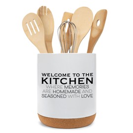 Elanze Designs Welcome to the Kitchen Ceramic Cork Bottom White Large Capacity Utensil Holder Crock for Countertop Storage, Stylish & Durable for Spoons, Spatulas, and Cooking Tools