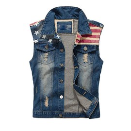 Idopy Men`s American Flag Retro Ripped Denim Jeans Vest Sleeveless Jacket S