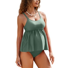 GINKANA Maternity Tankinis Set Ruffled 2 Piece Swimsuits High Waisted Maternity Bathing Suit Swimming Suits Sunbathing Wear,Olive,XL