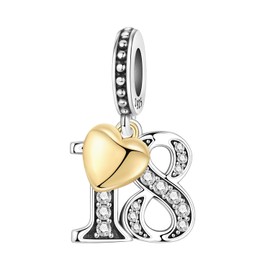 PANPOKI Number Charm for Bracelet & Necklace, Sterling Silver 925 with Cubic Zirconia & 18K Gold Plated Heart, Anniversary Birthday Age Gift (10 13 15 16 18 20 21 25 30 40 50 60) (Number 18)