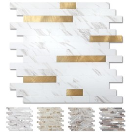 Yipscazo 10 Sheets Peel and Stick Stone Metal Tile Backsplash, Stick on Tiles for Backsplash Kitchen, Bathroom, Laundry Room, Camper, Fireplace (12'' X 12'', White Stone with Gold)
