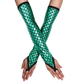 Yikisdy Women Mermaid Gloves Sparkle Fingerless Long Glove Fish Scale Arm Sleeves Rave Party Costume (Green)