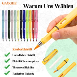 GAOGHE Swify Magic Pencil, Pack of 12, Eternal Pencil with Eraser & 24 Replacement Tips, No Sharpening & Inkless Colouring Pencils for Children Adults