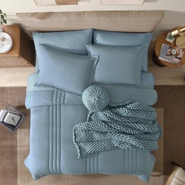 Monbix Full Comforter Set - 7 Pieces Dusty Blue Bed in a Bag Full Size Bedding Sets with Comforters, All Seasons Down Alternative Comforter with Sheets,Pillowcases & Shams