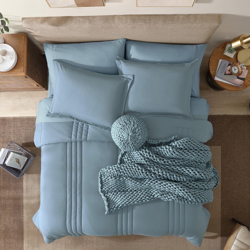 Monbix Full Comforter Set - 7 Pieces Dusty Blue Bed