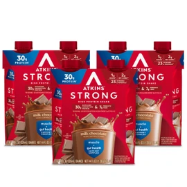Atkins Strong High Protein Shake, Milk Chocolate, 30g Protein, 7g Prebiotic Fiber, Muscle & Gut Health Support Complex, 12 Count