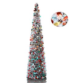 YuQi 5' Silver Point Pop-Up Artificial Christmas Tree,Collapsible Pencil Christmas Trees for Apartments,Dorm Rooms,Fireplace or Party