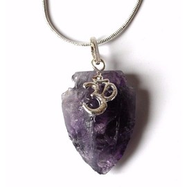Reiki Energy Charged Raw Amethyst 'Om' Crystal Arrowhead Pendant with Cord (Beautifully Gift Wrapped)