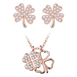 CPSLOVE Necklace and Earrings for womens and girls, 925 silver necklace and earrings, women's jewelry sets, Lucky four-leaf clover necklace pendant earrings studs, Inlaid shiny zircon, rose gold