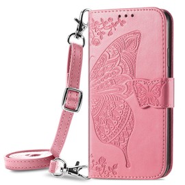 DAMONDY for Boost Summit 5G Flip Case with Credit Card Holder Lanyard Strap for Women & Men, Butterfly Embossed Flowers PU Leather Purse Cases with Closure for Boost Mobile Summit 5G -Pink