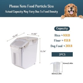 MC MEICHUANG 50 lbs Flour Storage Container, 2 Pack Rice Storage Container with Measuring Cup, Pet Food Storage Container Dog Cat Food Bin, Grey