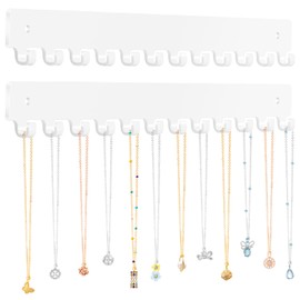 Acrylic Necklace Holder 2 Pack Wall Mounted Necklace Organizer Hanging Jewelry Organizer with 12 Hooks for Necklaces, Bracelets, Rings and Bangles Display（White）