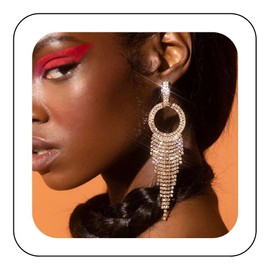 Earent Tassel Rhinestone Hoop Earrings Gold Long Chandelier Fringe Chain Big Circle Dangle Drop Earring Vintage Bridal Party Jewelry for Women