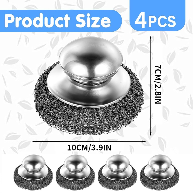 Zalizr 4 Pcs Stainless Steel Scrubber with Handle, Non-Scratch Round
