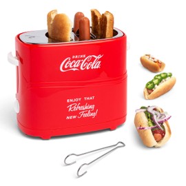 Nostalgia Coca-Cola Hot Dog Toaster - 2 Slot Bun Mini Tongs - Works with Chicken, Turkey, Veggie Links, Sausages and Brats - Coke Red