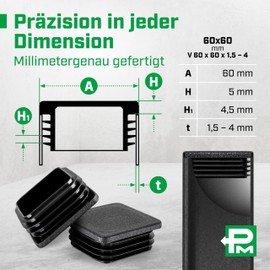 Plasticmetall Lamellar Plugs 60 x 60 mm Made of PE 4 Pieces [Spark Erosion Structure] Pipe Plugs for Aluminium Profile, Square Tube, for Pipe Cover of Stainless Steel Pipe, Aluminium Tube, Chair Leg
