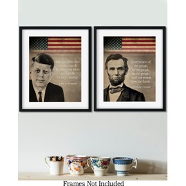 Govivo Abraham Lincoln and John F. Kennedy Patriotic Wall Art - Set of 2 Prints - American Patriotic President Wall Decor - Classroom Wall Decor - Historical Figures Wall Art - 8x10 unframed prints