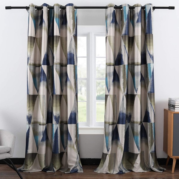 Leeva Geometric Print Blackout Curtains for Bedroom, Modern Blue Linen Privacy Light Reducing Heavy and Thick Grommet Drapes for Dining Room, Set of 2, 52x96