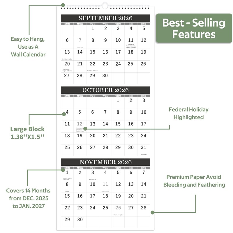 2026 Wall Calendar - 3-Month Wall Calendar Display (Folded in