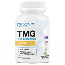 Puregen Labs TMG 750 mg – Trimethylglycine Supplement – Encourages Healthy Homocysteine Levels, Non-GMO, NO Gluten and Dairy | Made in USA - 60 Vegetarian Capsules