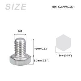 METALLIXITY Hex Bolts (M8-1.25 x 16mm) 10Pcs, 304 Stainless Steel 18-8, UNC Coarse Thread, Fully Threaded, External Hex Drive, Hex Head Screw Bolt - for Furniture Repair