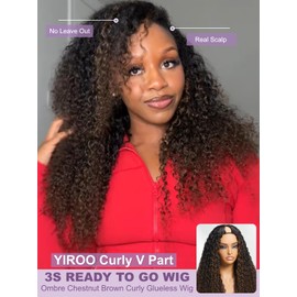 YIROO EasiContour V Part Ombre Brown Human Hair Wig Curly 12A Glueless Upgrade U Part Wig Ombre Black to Chestnut Brown No Leave Out V Shape Clip Wigs Ready to Go 150% Density Beginner Friendly 14Inch