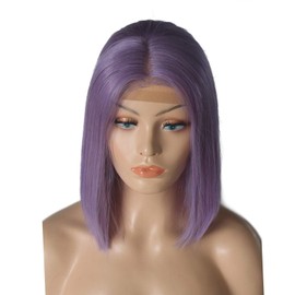 Human Hair Purple Bob Wigs Pre Plucked 13x1x4 Lace Wigs Remy Hair 180% Density T Part Lace Wigs Lilac Straight 14Inch Bleached Knots Purple Bob Wigs Middle Part for Women (Could be Restyled)