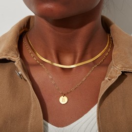 STORYJEWELLERY Letter K Necklace for Women, K Initial Charm Layered Herringbone Necklaces for Women, 18K Gold Plated Paperclip & Snake Chain Set, Dainty Womens Jewelry, Womens Gifts