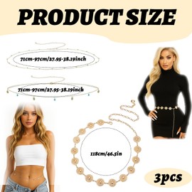 Gold Waist Chain, 3 Pcs Gold Belt Set for Women, 2-In-1 Slim Waist Chain, and Fashion Disc Belt, Adjustable Metal Chain for Western Style For Special Occasions and Everyday Wear
