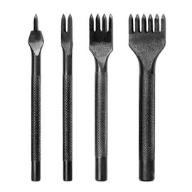 KEWAYO 4-Piece Leather Hole Punch Set Made of Alloy Steel, 1/2/4/6 Prong (5 mm), Professional Punch Tool for Belt, Bracelet, Thick Leather, Sharp DIY Tool with Ergonomic Handle
