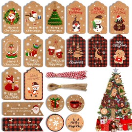 100 PCS Etiquetas de Regalo de Navidad, 20 Estilos Etiquetas Papel Kraft Navideñas para Regalo Colgantes con Cuerda, Apto para Bricolaje, Decoración de Regalos Navidad e Invierno o Arbol de Navidad