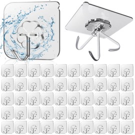 Lahedomege 50 Pack Sticky Hooks for Hanging Heavy Duty, Transparent Self-Adhesive Wall Hooks for Kitchen, Bathroom & Ceiling