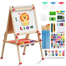 Easel for Kids Including 100+ Accessories, Kids Easel Double Sided Wooden, White Board & Magnetic Drawing Board & Paper Roll, Height Adjustable Standing Art Easel for Kids 2-4 4-8 9-12