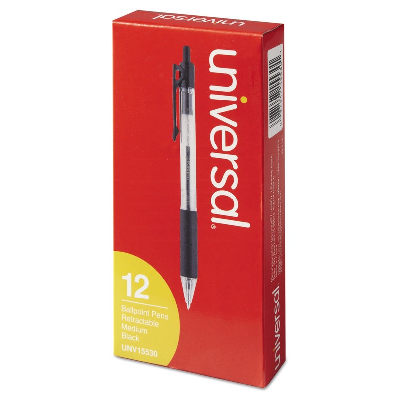 Universal 15530 Economy Retractable Ballpoint Pen, Black Ink, Clear, 1mm,
