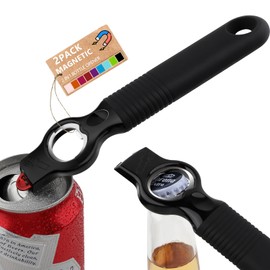 DUNLAGUE 2 in 1 Magnetic Soda Can Tab Opener and Beer Bottle Opener Stick to Fridge, 6.9" Bottle Opener for Long Nails, Arthritis, Seniors and Bartender, Good Grip Silicone Handle - 2Pack (Black)