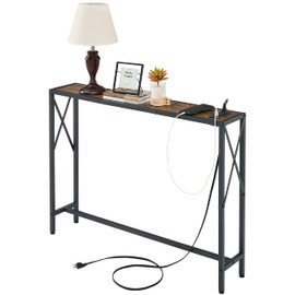 Gewudraw Console Table with 2 AC Oulets & 2 USB Ports, Narrow Sofa Table, Entryway Table, Industrial Sofa Table for Hallway, Living Room, Bedroom, Long Console Table, 6.5 Feet Power Cord