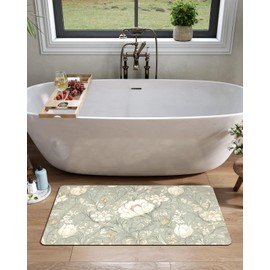 LUMI Thin Bathroom Rugs, Absorbent Quick Dry Bath Mat, Flat Non-Slip Bath Mat for Bathroom, Artistic Decor Mat for Floor, Shower, Sink, 17"x30", White Flower