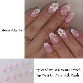24pcs Short Oval White French Tip Press On Nails with Pearls - Almond False Nails - Strong Fake Nails with Glue on Nails for Women - Short Stick on Nails French Tip - Full Cover Nail Tips