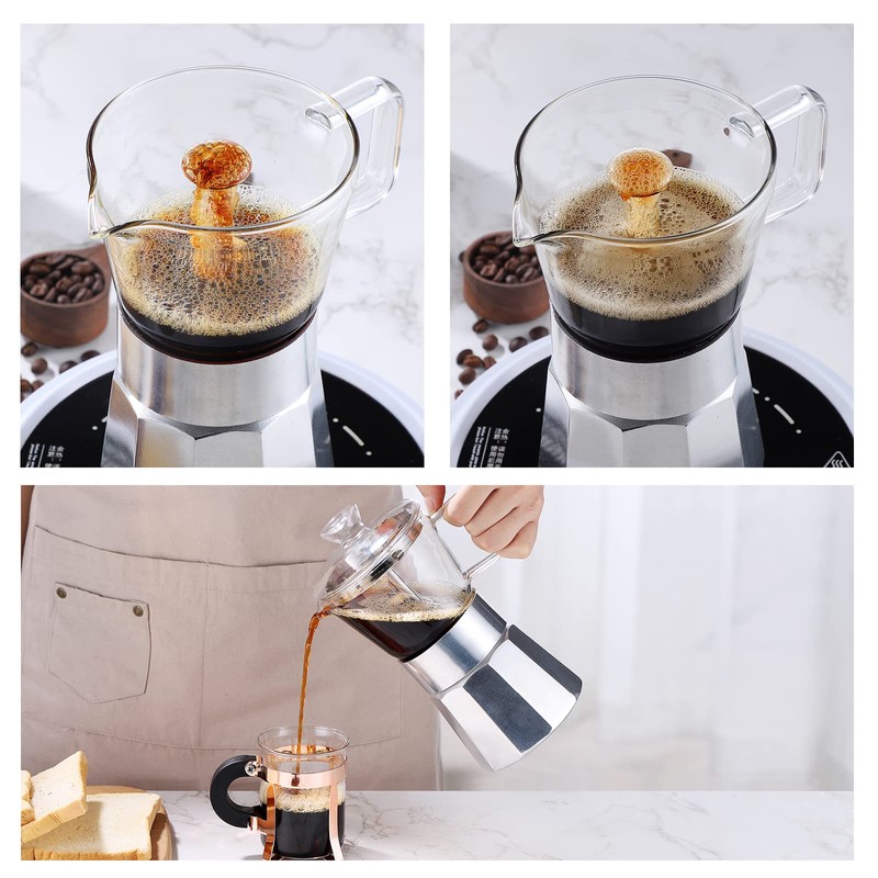 SIXAQUAE Moka Stovetop Espresso Maker,Crystal Glass-top & Aluminum Espresso Moka