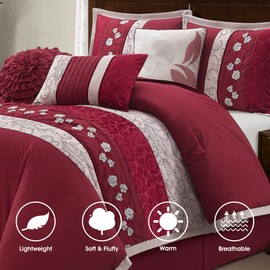 Wine Comforter Set King Size, 7 Piece Bedding Set for All Seasons, Elegant Microfiber Embroidery Floral, Bedskirt, Shams and Decor Pillows