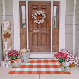 Fall Outdoor Rug Orange Buffalo Plaid Outdoor Rug Cotton Hand-Woven Buffalo Check Rug Layered Doormats for Front Door/Front Porch/Farmhouse/Entryway/Patio