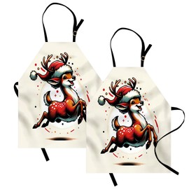 Ambesonne Christmas Apron Pack of 2, Happy Santa Deer in Retro Style Vintage Xmas Animal Character, Unisex Kitchen Bib with Adjustable Neck, 2 Pcs - Adult Size, Orange Vermilion and Ivory