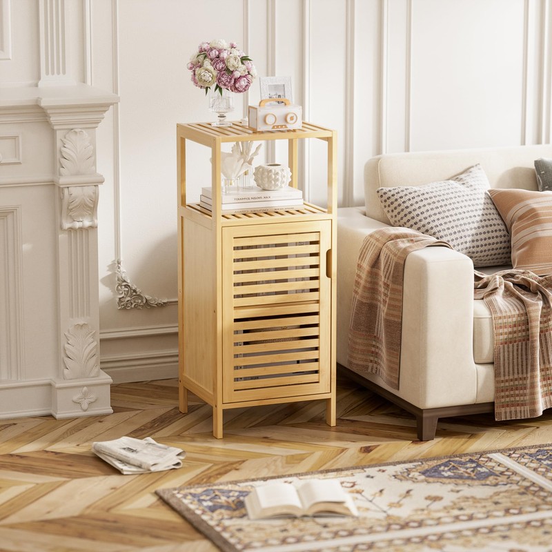 HITNET Bathroom Cabinet Freestanding, Small Bamboo Floor Cabinet, 4 Tier