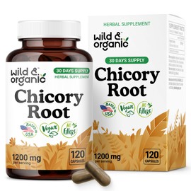 Wild & Organic Chicory Root Fiber Capsules - 1200 mg of Chicory Root Powder per Serving - Digestive & Gut Support - Inulin Prebiotic Fiber Supplement - Non-GMO, Vegan Inulin Capsules - 120 Count