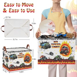 XHWZOF Monster Trucks Laundry Hamper Basket Kid Gift Toy Bin Empty Nursery Decor Hamper Rectangular Storage Basket Shelf Basket Collapsible Clothes Book Organizer Bin for Boy,Yellow